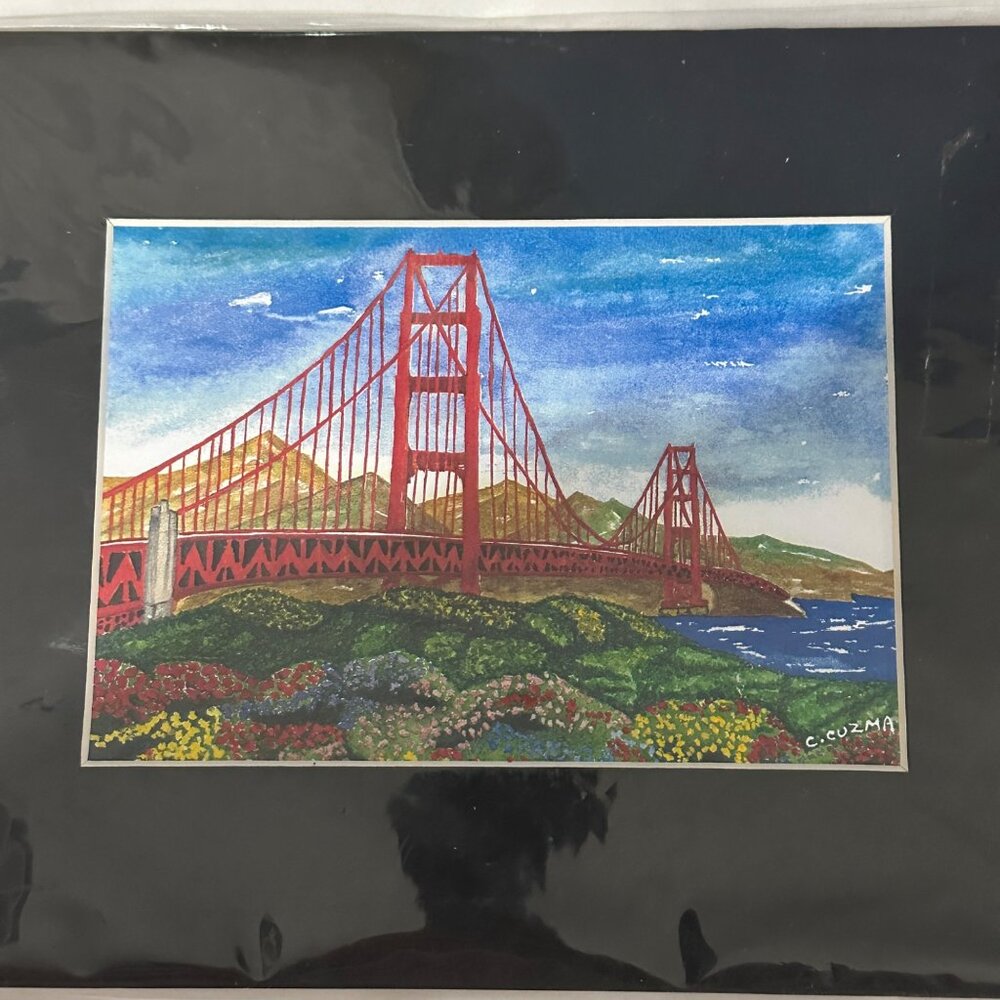 Signed Carlos Cuzma bridge 10x 8” unframed matted hand colored laser print
